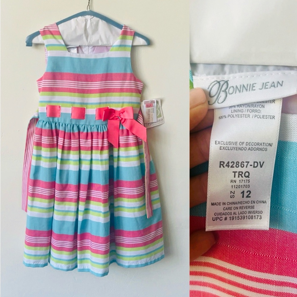 NWT Girls Bonnie Jean Size 12 Pink Striped Preppy Dress